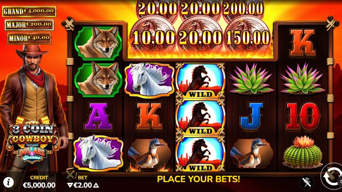 Interface do jogo 3 Coin Cowboy Dollars & Dreams com temática de Velho Oeste