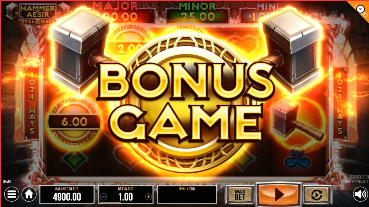 Interface do slot Hammer of Aesir com símbolos nórdicos e martelos